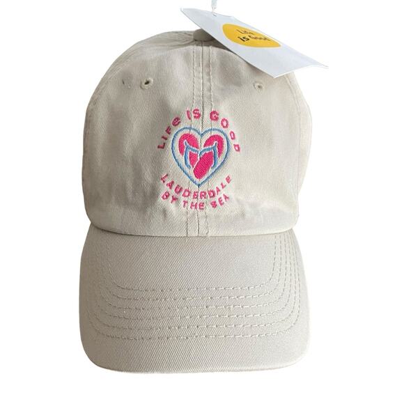 NWT Life Is Good Chill Cap Strapback Hat Flip Flops Heart Lauderdale Khaki Pink - Picture 8 of 8